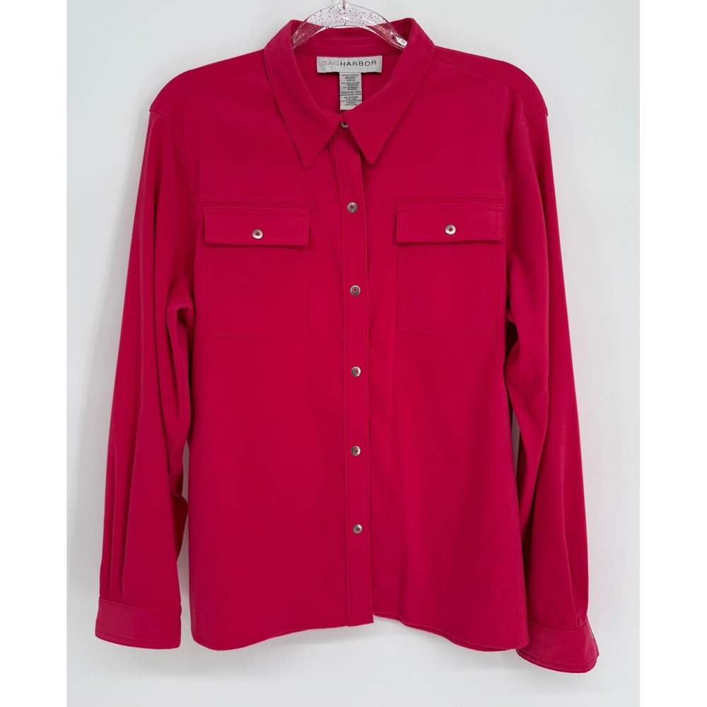 Sag Harbor Womens Fuchsia Pink Button Down Utility Shirt Long Sleeve Sz 16